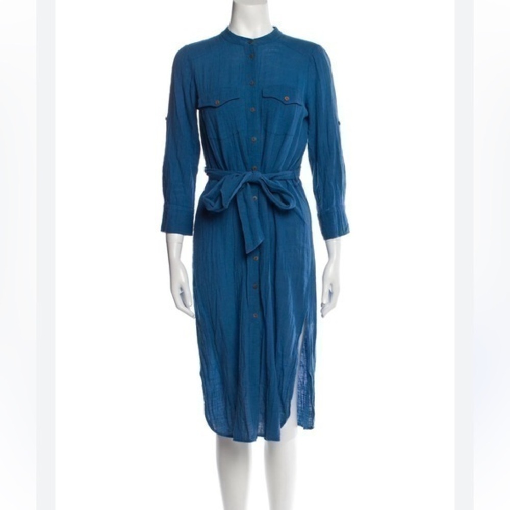 Veronica Beard Blue Tie Waist Button Down Dress